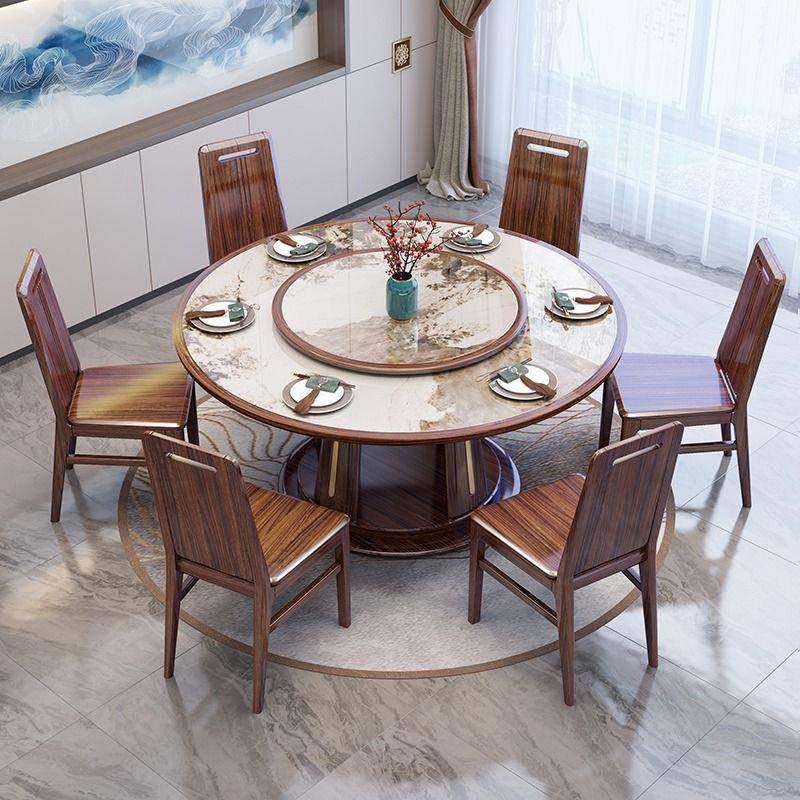 QLO新中式乌金餐木桌椅组合带转小盘现代轻奢板风户型家用餐厅岩