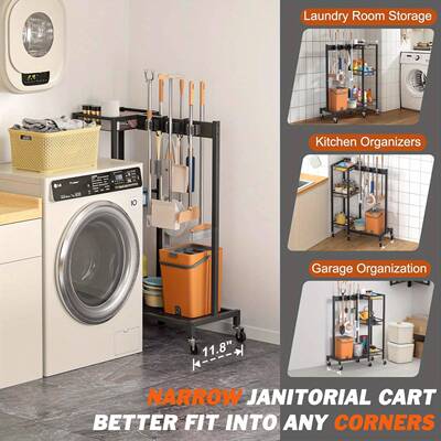 跨境洁扫工具收纳架带卡扣93750带轮子拖把把架整车库理置清物架