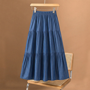 a字百褶0317r 胖mm高腰显瘦中长款 大码 高级感牛仔蛋糕半身裙女春季