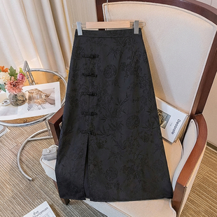 胖mm高级感缎面高腰a字半裙0317r 国风半身裙女春季 大码 黑色新中式