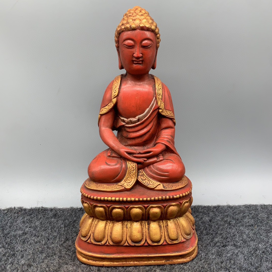 古玩收藏仿古寿山石雕朱砂描金89坐佛摆件客厅装饰