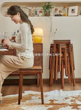 凳子实木方家用现代简约圆凳中可叠放黑胡木餐桃凳81558式凳小木
