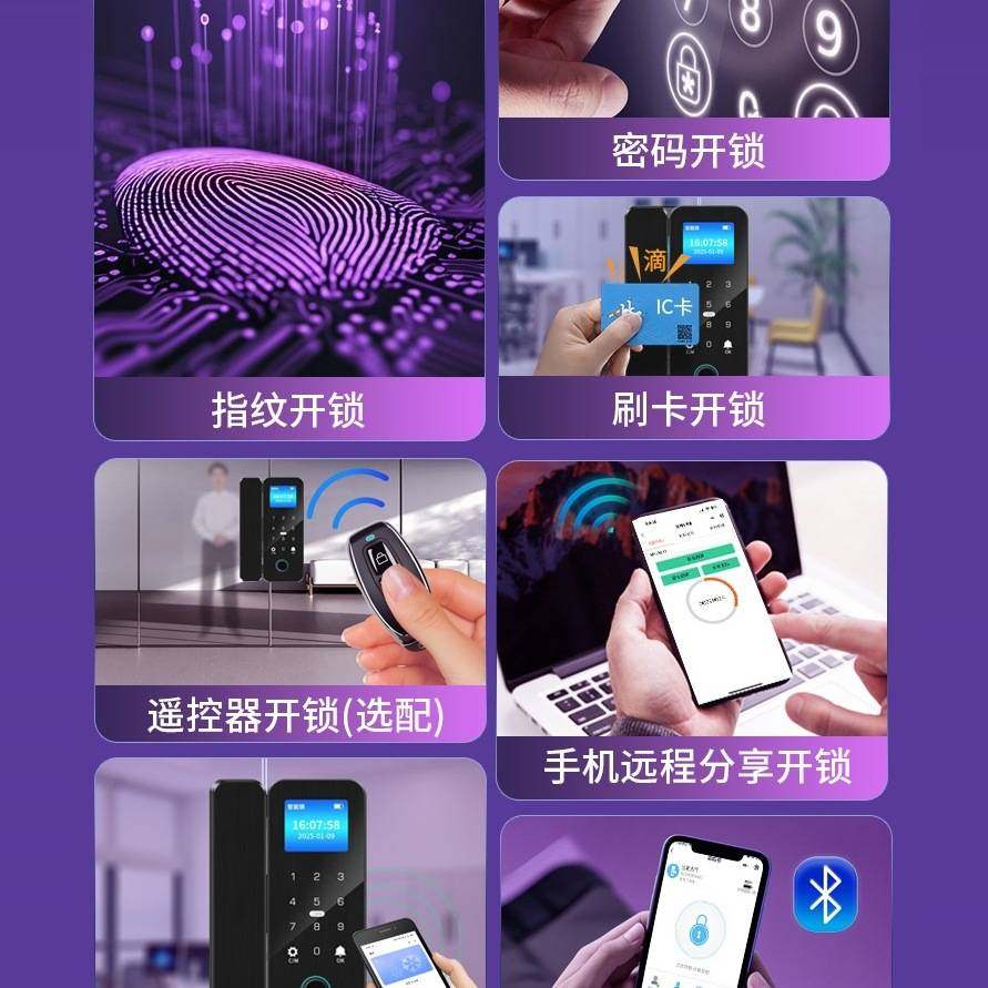玻璃门指纹锁双开门单门双门免开孔办公室智能电子密码门锁门禁锁