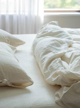 A类日式床上四件套6ECM0裸s全棉棉白色纯被套民宿睡酒床单四店件