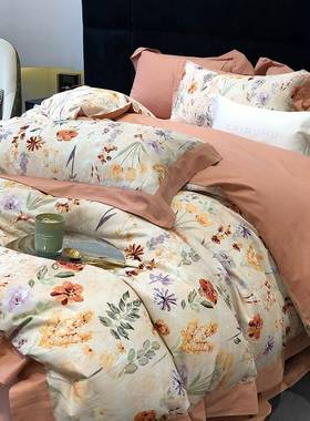 秋冬田园全棉磨毛花1床00TCES床款四件套花卉数码印加厚单被套上