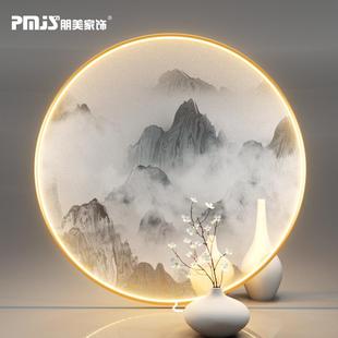 96N透半明丝绢灯门画新中OQR式山玄水画进玄关壁画圆形装饰画幻屏