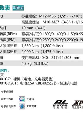 牧田（MAKT）ATW001G充电式套筒风炮电动扳手40IV50A426.h两电一