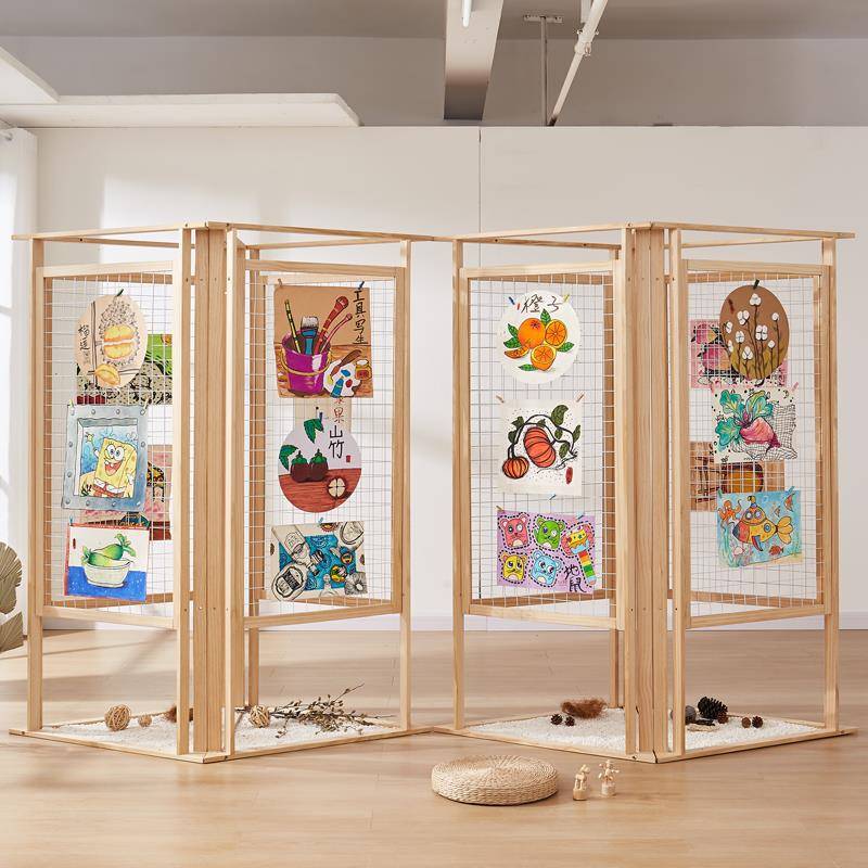 *?网格款格展示架幼儿画展会书网法作品园展示架落地式木制铁艺展