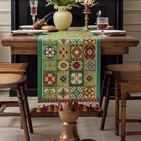 绿色桌旗美式复ZUY柜乡田园古风餐桌盖布长条桌布电视柜五斗盖村