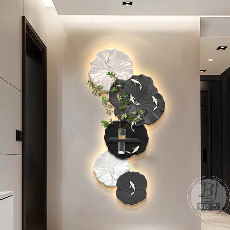 九鱼图玄关装饰画高级感走廊尽头过道挂画水培绿植LED发光壁画