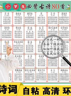 小学生带拼音古诗词墙贴 儿童启蒙家教唐诗宋词挂图校园古典诗词