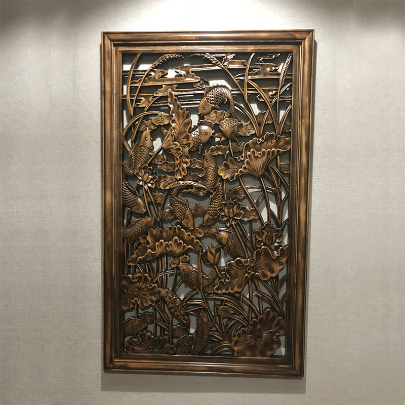 东阳木雕入户竖屏挂件客厅背景墙壁挂中式实木香樟木玄关装饰画
