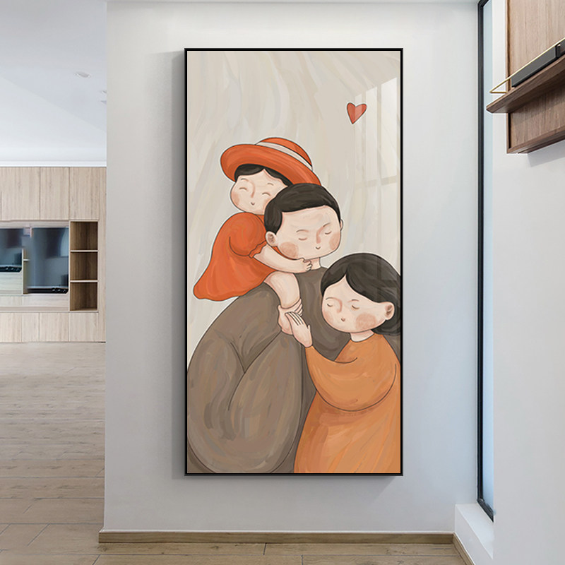 玄关装饰画竖版简约现代客厅走廊过道墙挂画一家三口温馨人物壁画