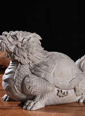 中式招财龙龟鱼缸造景装饰品创意青砂石书房桌面瑞兽玄武石雕摆件
