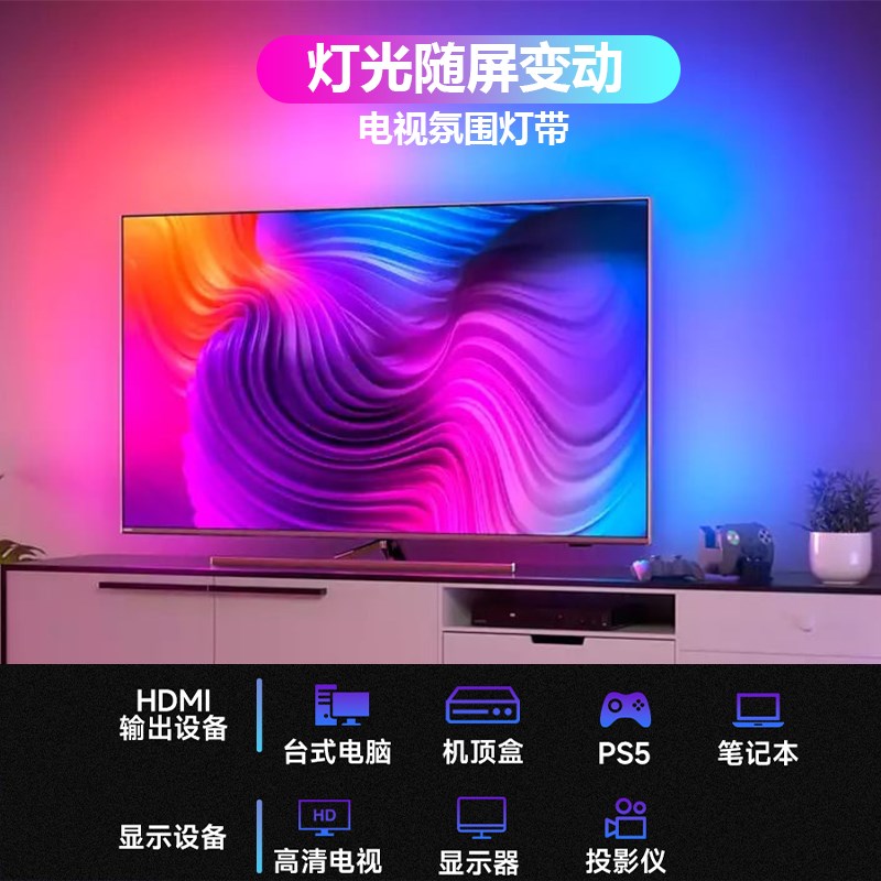 电视背光氛围灯流光溢彩智能涂鸦HDMI随屏电视背景墙同步氛围灯带