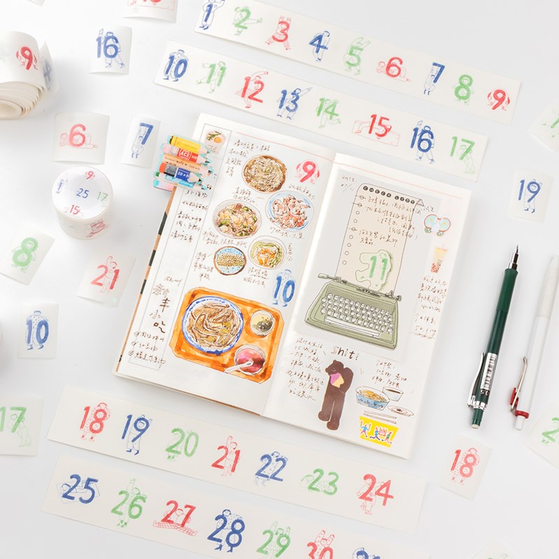别管胶带 三色铅笔日付和纸手帐拼贴素材日期数字森创自带离型纸