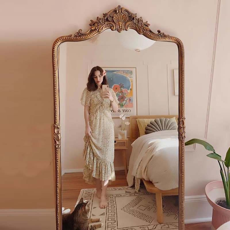 法式复古全身镜实木雕花衣帽间落地镜家用卧室壁挂欧式大穿衣镜子