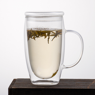 双层带把玻璃杯透明耐高温泡茶杯家用办公带盖大容量玻璃喝水杯子