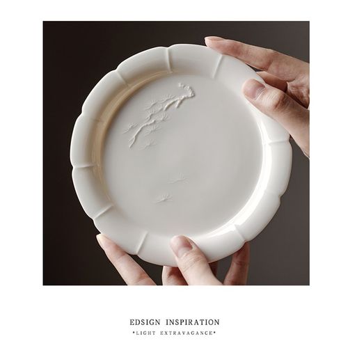 2000年台定白瓷玉瓷 手工茶台浮雕小茶盘 中式花型壶承工夫茶泡盘