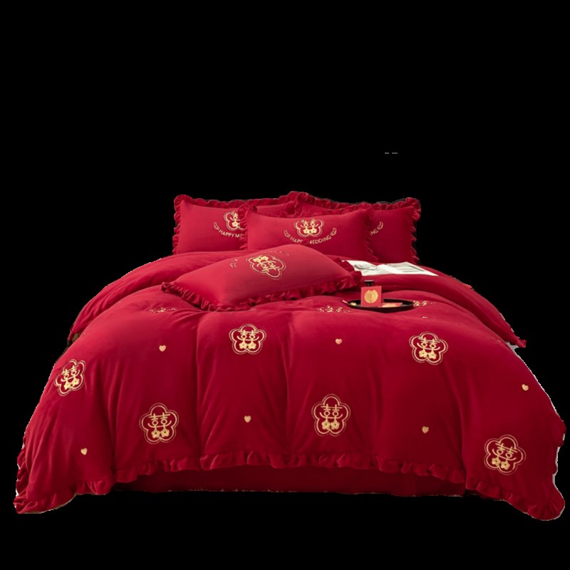 大红色婚庆四件结婚床上用品珊瑚法兰绒被床单喜庆陪嫁