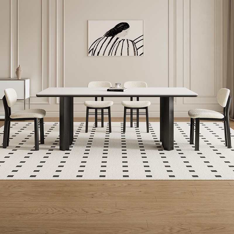 德利丰实木岩板餐桌长方形法式奶油中古风小户型黑色饭高端饭桌子