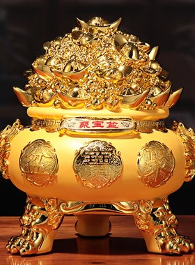 绒沙金聚宝盆客厅办公室装饰摆件创意树脂工艺品商务开业礼品