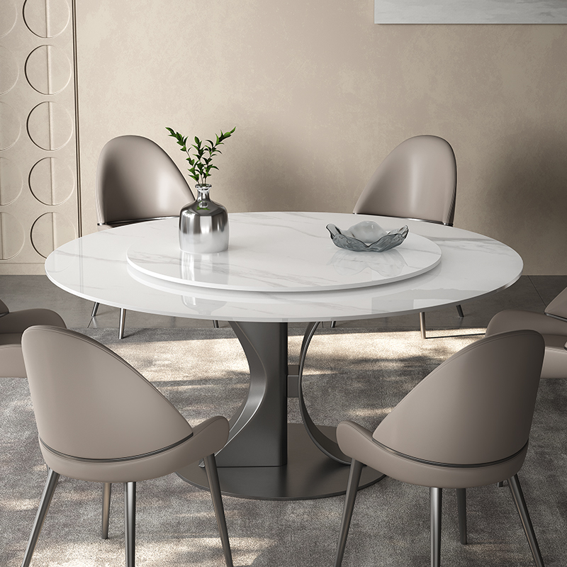 奥古斯特亮光岩板圆桌带转盘意式极简现代简约家用8/10人圆形饭桌