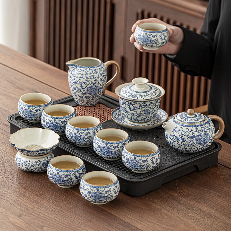 汝窑青花瓷功夫茶具套装家用喝茶茶盘泡茶专用陶瓷茶壶中式禅定杯