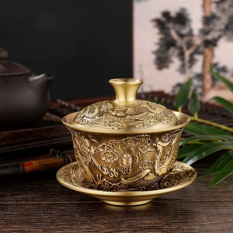 黄铜龙凤呈祥盖碗古玩收藏铜器摆设客厅茶桌茶具高档茶碗茶盏摆件