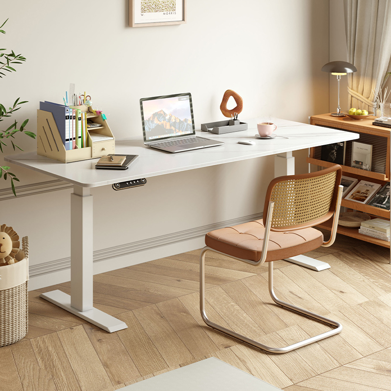 升降桌电动工作台白色学公电脑桌长条桌子奶油风岩板升降书桌