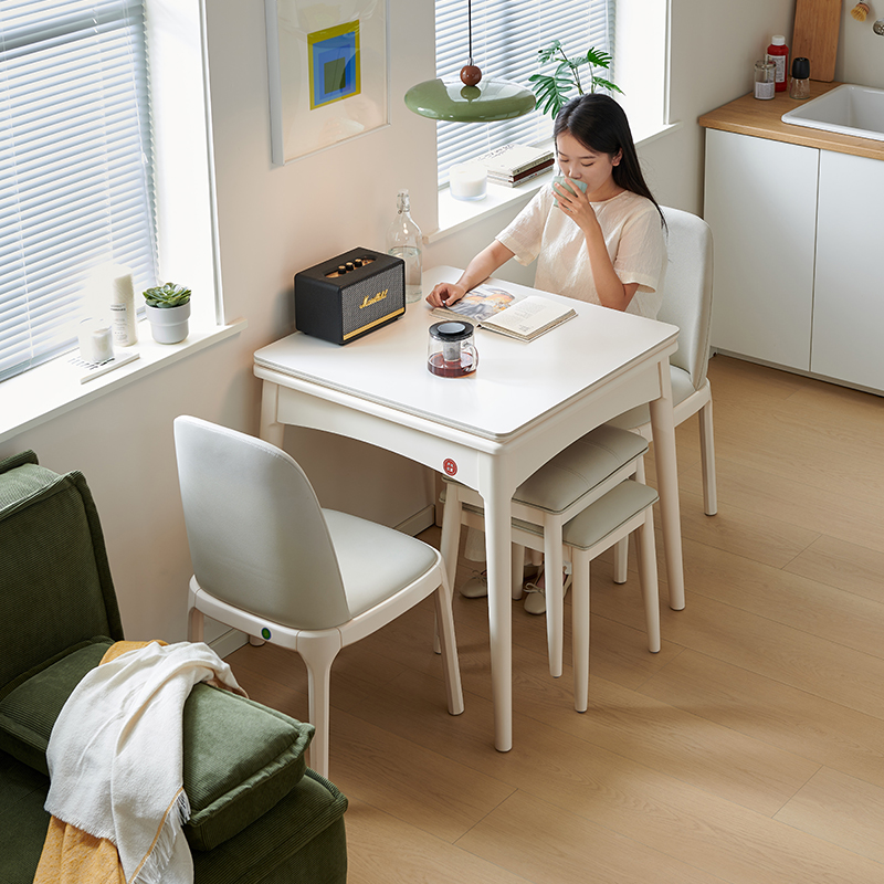 家用餐桌小户型实木岩板现代简约奶油风可折叠伸缩长正方形饭桌子