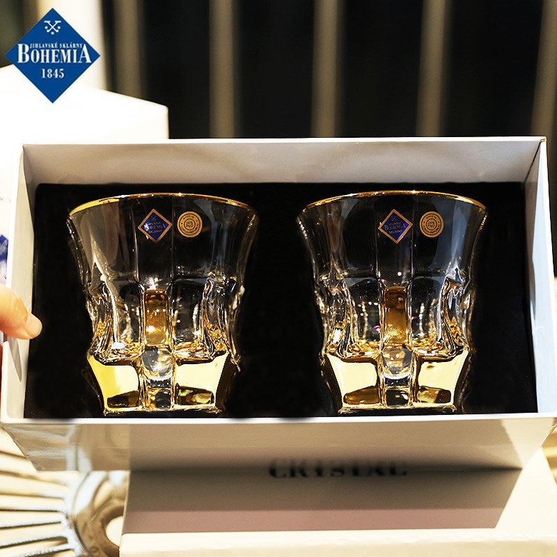 捷克BOHEMI水晶玻璃描金威士忌洋酒杯啤酒水杯子对杯送礼盒