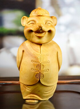 黄杨木雕手把件地主家居摆件饰品实木把文玩件原木工艺品福鼠财主