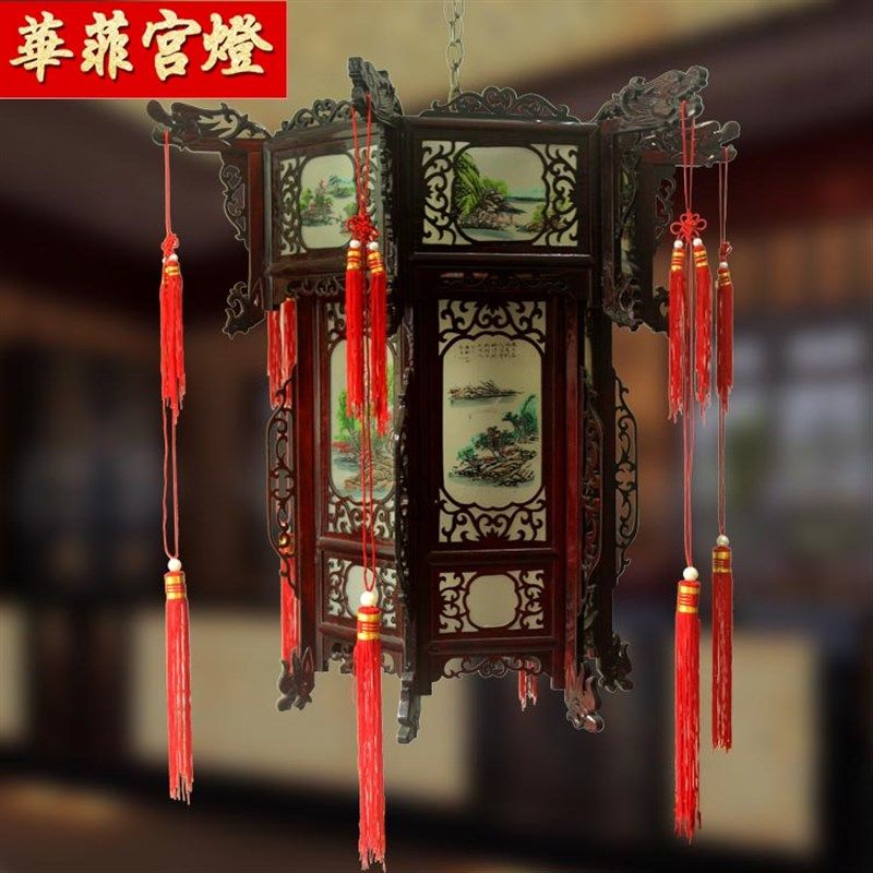 有机塑料片/有机玻璃山水图案雕花仿古实木木质宫灯开业装饰灯笼