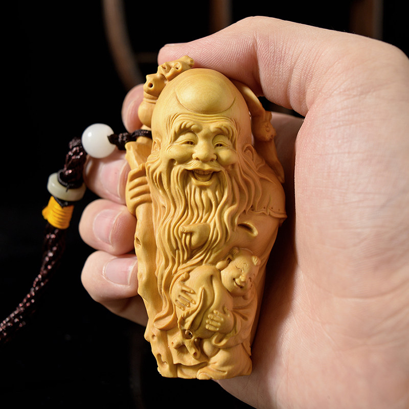 小叶黄杨木雕手把件寿星家装摆件手工雕刻把玩件木质工艺品福禄寿
