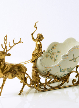 欧式雪橇鹿车酒架果盘餐厅餐桌摆件陶瓷镶铜摆件装饰品工艺品摆设