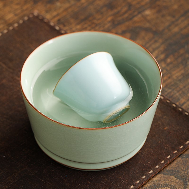 梅子青汝窑杯洗茶洗开片家用建水陶瓷茶渣缸水盂废水桶茶道零配件