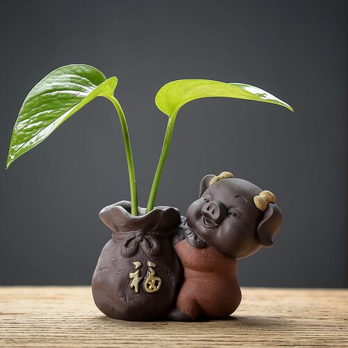 创意陶瓷小猪迷你花器茶餐桌装饰摆件绿萝花插小花瓶水培花盆容器