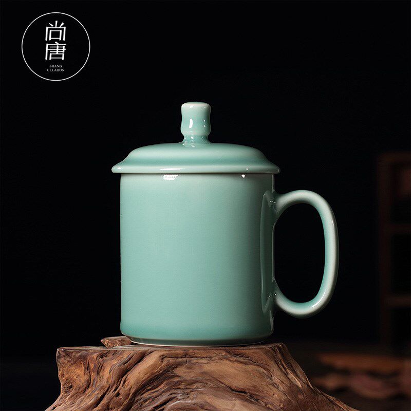 尚唐青瓷茶杯原矿手工泡茶家用男女士陶瓷大容量茶杯带盖办公杯子