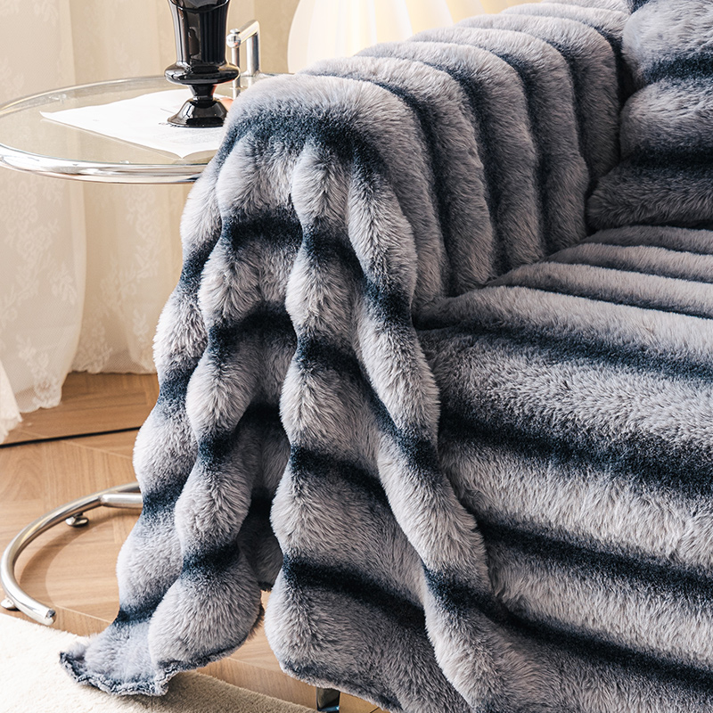 兔毛绒沙发盖布秋冬款加厚坐垫2023新款客厅高档条纹皮草沙发罩