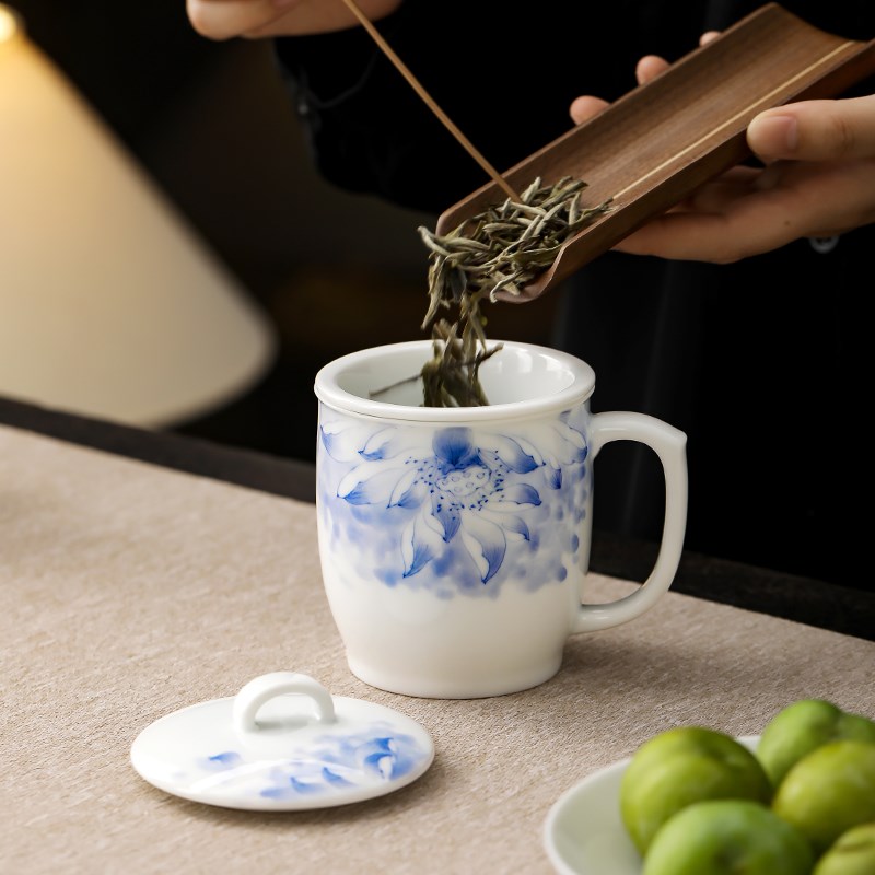 陶瓷手绘荷韵办公杯水杯带盖家用高档茶水分离大容量泡茶杯子定制
