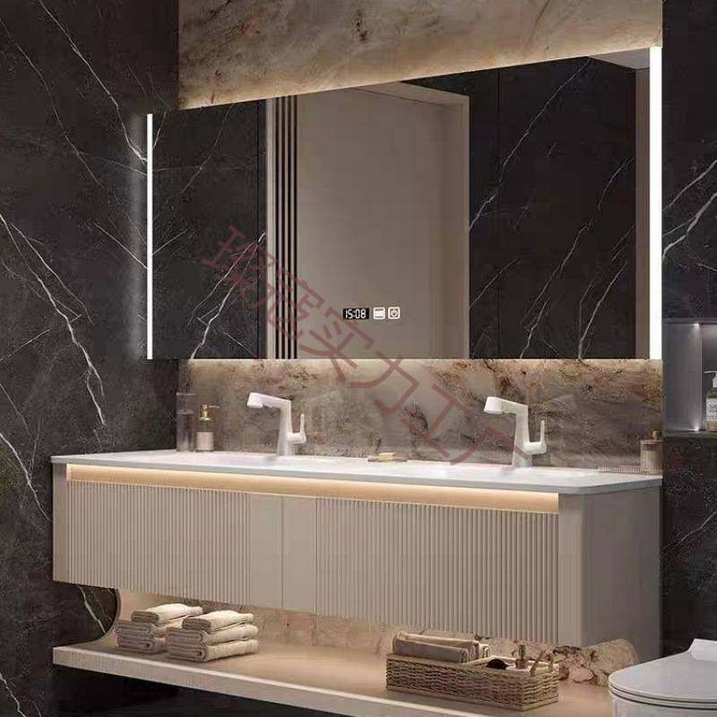 2025新款岩板热弯一体双盆橡木浴室柜组合现代奶油风卫生间洗