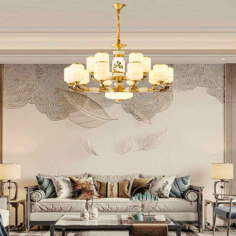 全铜新中式客厅灯别墅大吊灯大气客厅大堂楼中楼复式灯具玻璃灯饰