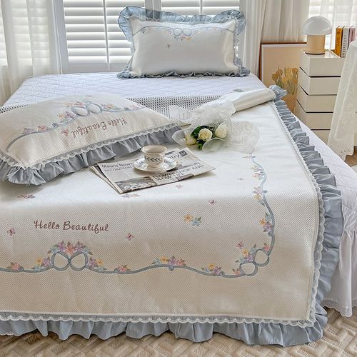 夏季公主风刺绣空调冰丝凉席可机水洗蓝色小清新单双人凉感软席子