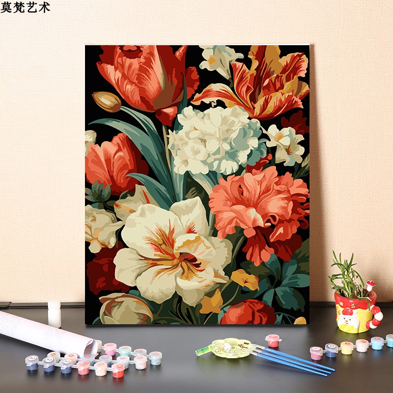 数字油画diy手工填充复古大气富贵牡丹花手绘装饰丙烯涂色油彩画