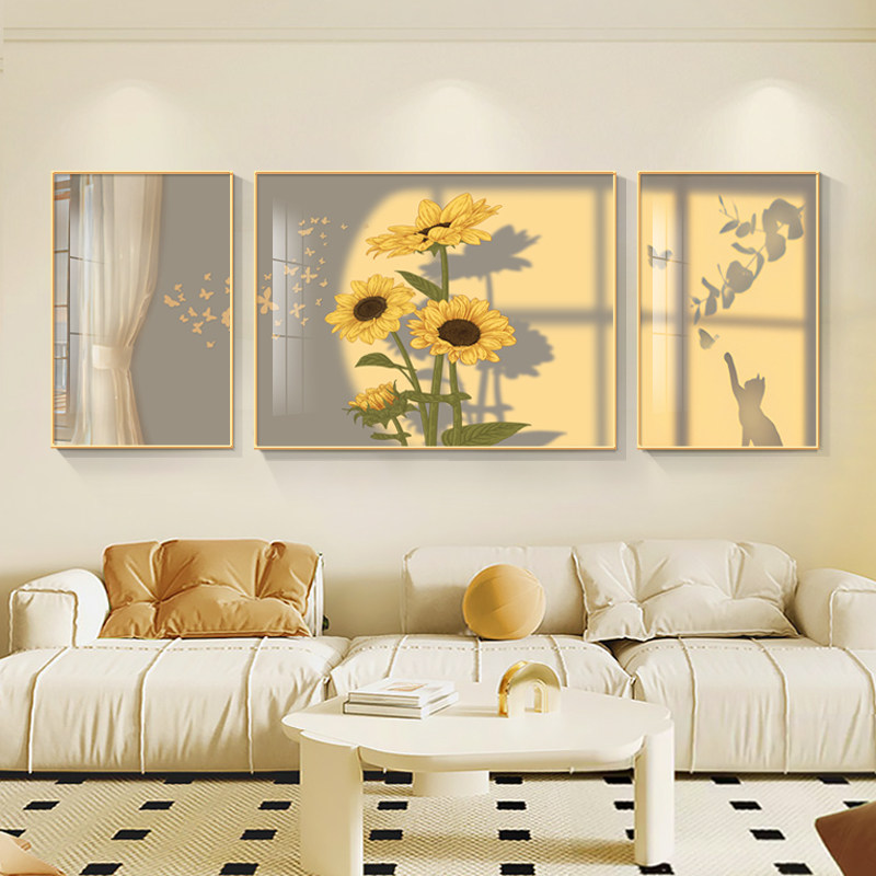 向日葵客厅装饰画光影感大气高级感壁画沙发背景墙壁画三联画挂画,家居饰品,现代装饰画,淘宝优惠券,粉丝福利购,淘宝优惠卷