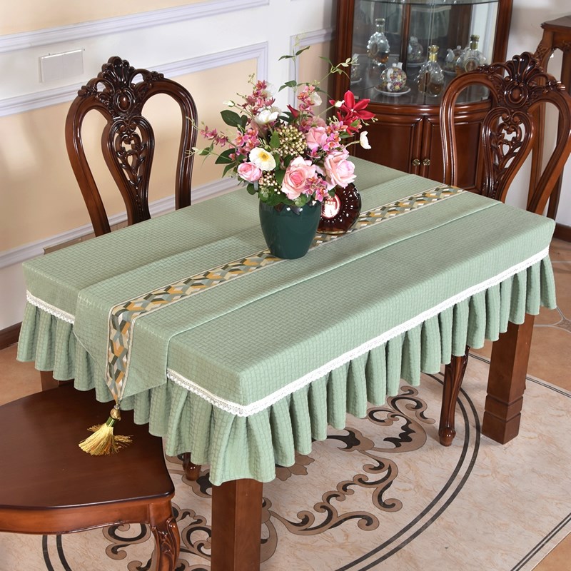 现代简约抹茶绿色餐桌套罩布艺桌布雪尼尔格纹茶几布厚家用可机洗
