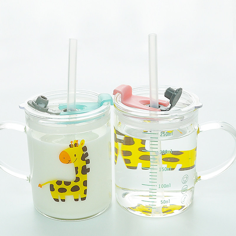 儿童早餐牛奶杯吸管杯 高硼硅玻璃杯250ML带刻度带把手带吸管杯子