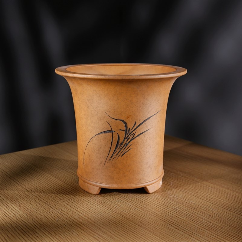 超透气新款名家秦夕洪大底孔金钱孔段泥柴烧刻绘精品束腰兰花盆景