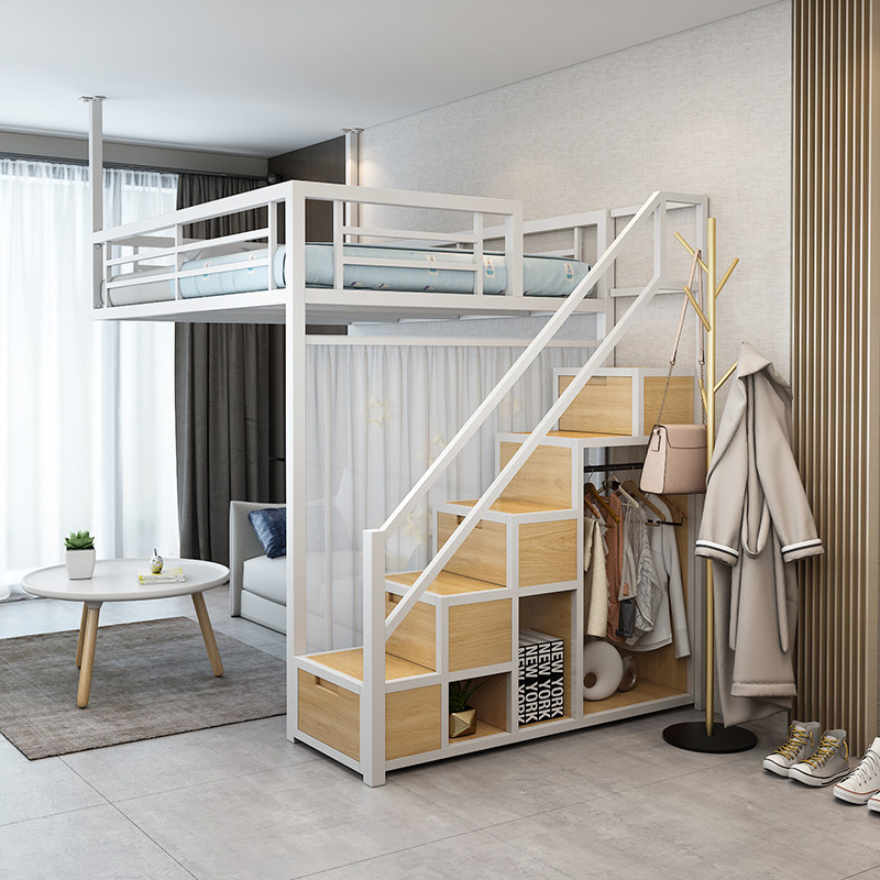 loft省空间单上层铁艺上牀下桌双人牀架高架牀小户型上铺下空铁牀